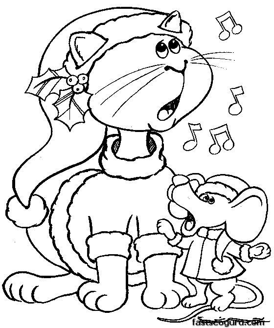 Printable Christmas  Mouse  and cat Carollers singing coloring pages
